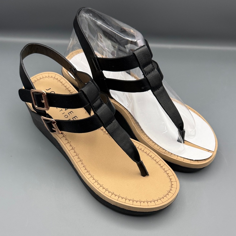 Journey Womens Bianca Black Wedge Sandals Dual Buckle Straps